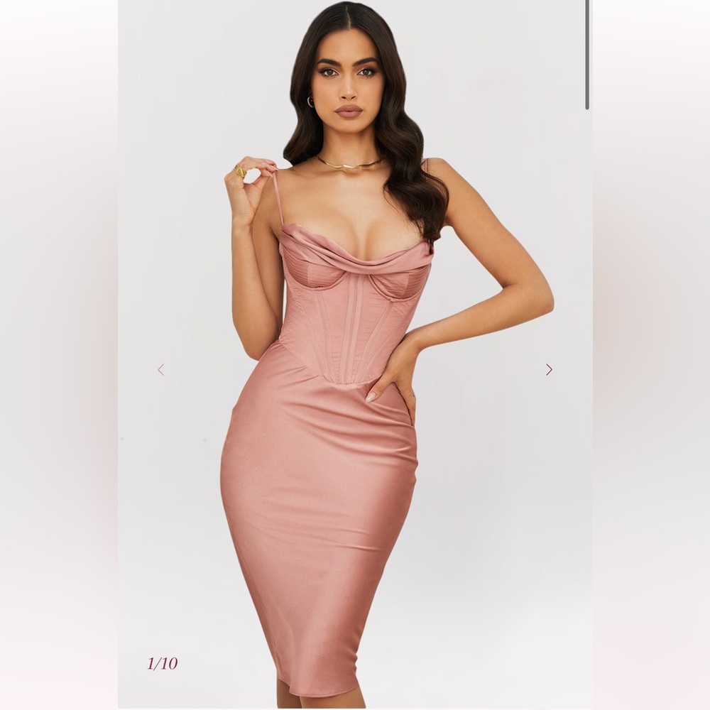 House of CB Myrna Blush Pink Satin Corset Midi Dress XS